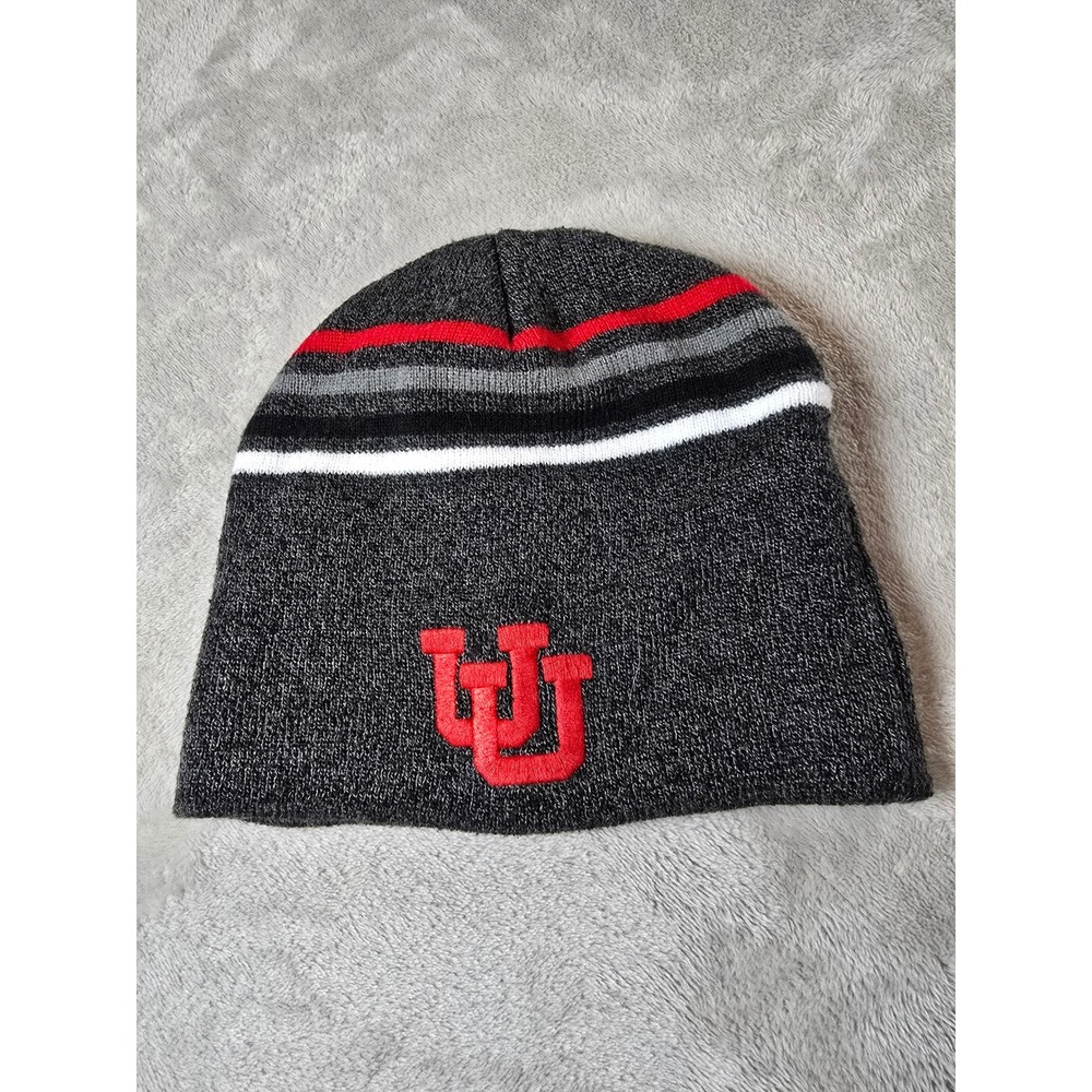 Utah Utes NCAA College Beanie‎ Hat Knit Striped Gray Red White Captivating